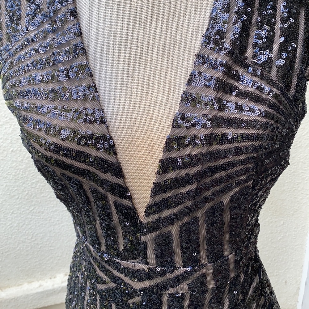 Rubber Ducky black gorgeous sequin low cut dress w/ slit up the front at bottom. - Picture 6 of 14